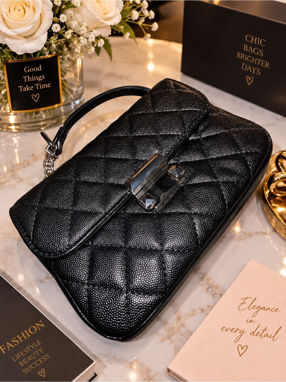& Other Stories Black Quilted Leather Shoulder Bag with Chain Handle